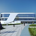 Modern Sales Office Building With Glass Curtain Walls Surrounding Trees And People Walking In Plaza