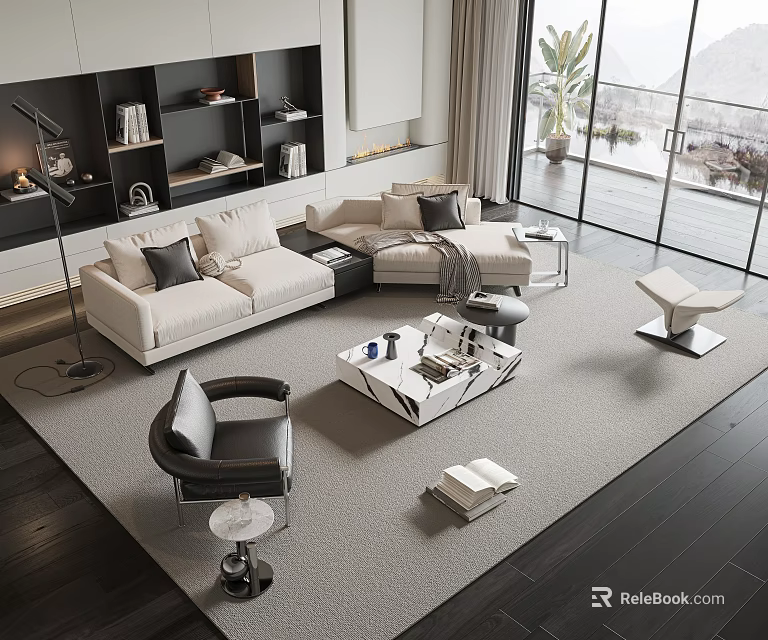 Modern Living Room Interior With White Sofa Coffee Table Set Black Armchair And Large Windows 3d model 
