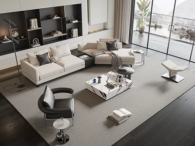 Modern Living Room Interior With White Sofa Coffee Table Set Black Armchair And Large Windows 3d model