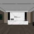 Modern Reception Desk With White Marble Top Wooden Walls Green Plants And Spacious Bright Space
