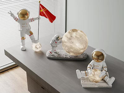 Decorative Astronaut Table Lamp with Moon Light Flag and Small Figures 3d model