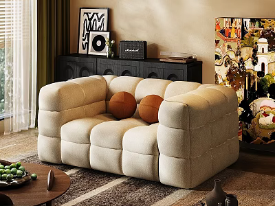 Beige Upholstered Single Sofa With Brown Round Cushions Vinyl Record Player And Decorative Paintings 3d model