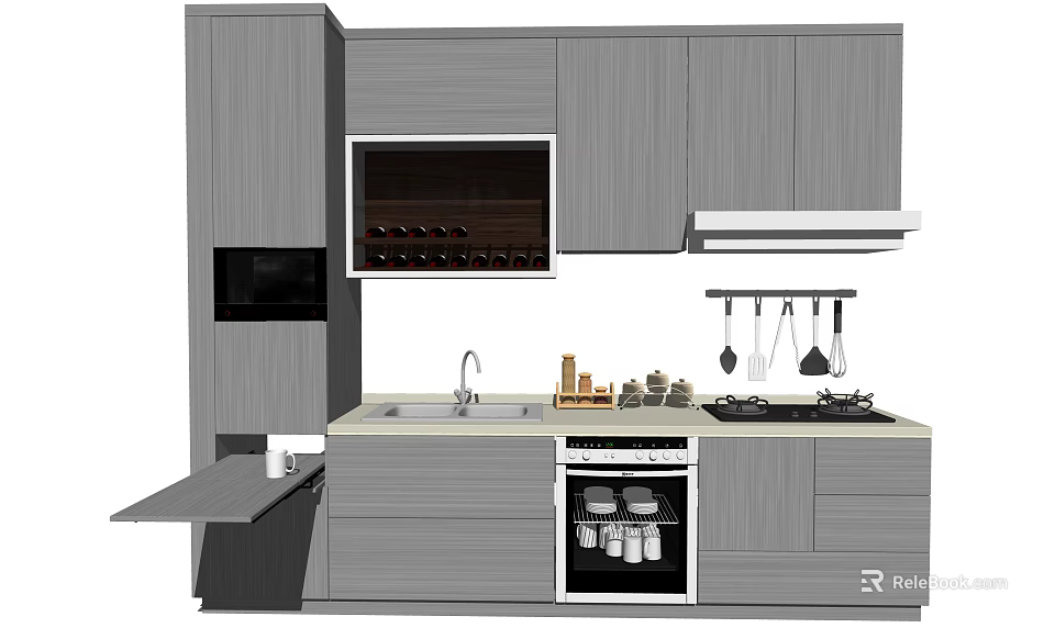 Modern Kitchen With Gray Cabinets Sink Stove Range Hood And Hanging Utensils 3d model 