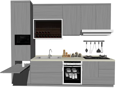 Modern Kitchen With Gray Cabinets Sink Stove Range Hood And Hanging Utensils 3d model