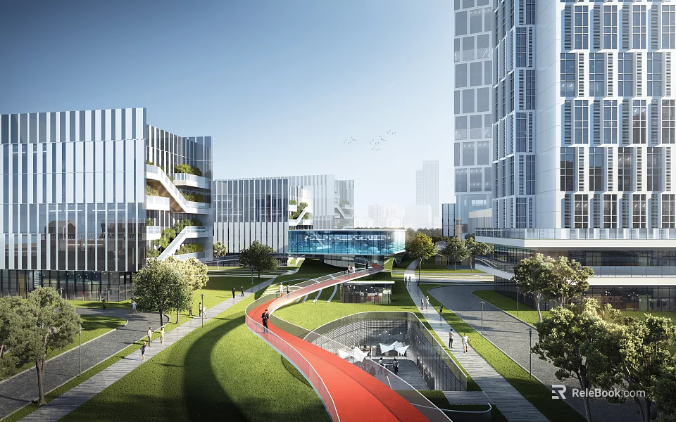 Modern Office Buildings With Glass Curtain Walls Connecting Bridge Green Lawn Red Pathway And Trees 3d model 