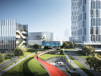 Modern Office Buildings With Glass Curtain Walls Connecting Bridge Green Lawn Red Pathway And Trees 3d model