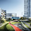 Modern Office Buildings With Glass Curtain Walls Connecting Bridge Green Lawn Red Pathway And Trees