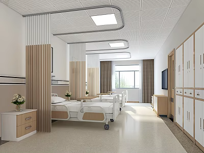 Hospital Outpatient Ward Interior With Beds White Wooden Cabinets Windows Ceiling Lights And TV 3d model