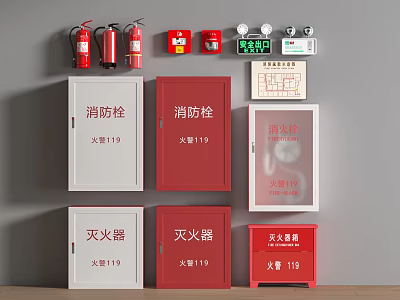 Various Fire Safety Equipment Including Hydrants Extinguishers and Cabinets 3d model