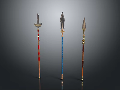 Traditional Decorative Spears with Various Colorful Designs and Ornate Handles 3d model