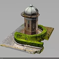 Red Brick Tower With Dome Roof And Circular Hedge On Stone Platform