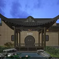 Traditional Chinese Courtyard Garden Featuring Pavilion Curved Roof Pond Lotus Rockery And Greenery