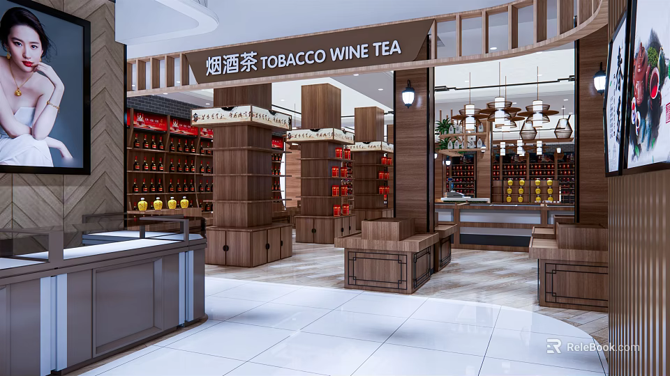 Modern Tobacco Wine Tea Shop Interior With Wooden Shelves And Hanging Lights 3d model 