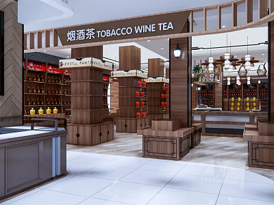 Modern Tobacco Wine Tea Shop Interior With Wooden Shelves And Hanging Lights 3d model