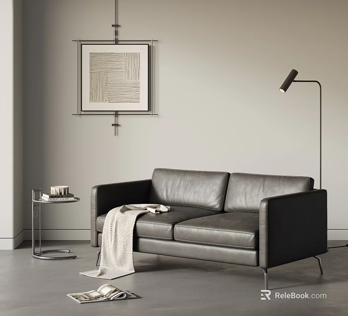 Leather Two-Seater Sofa with Blanket Side Table Floor Lamp and Wall Art 3d model 