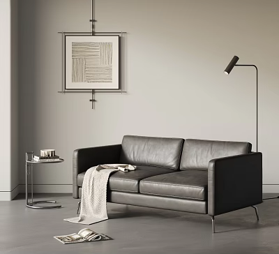 Leather Two-Seater Sofa with Blanket Side Table Floor Lamp and Wall Art 3d model