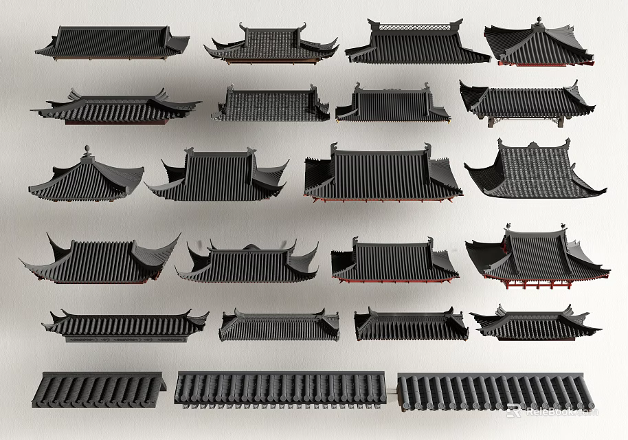 Building Exterior Wall Featuring Traditional Chinese Tile Roofs in Multiple Architectural Styles 3d model 