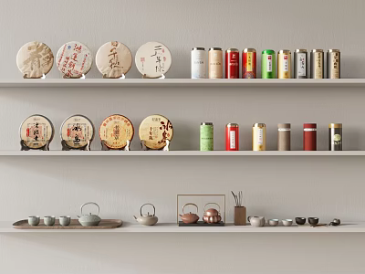 Tea Related Daily Necessities Displayed On Shelves 3d model