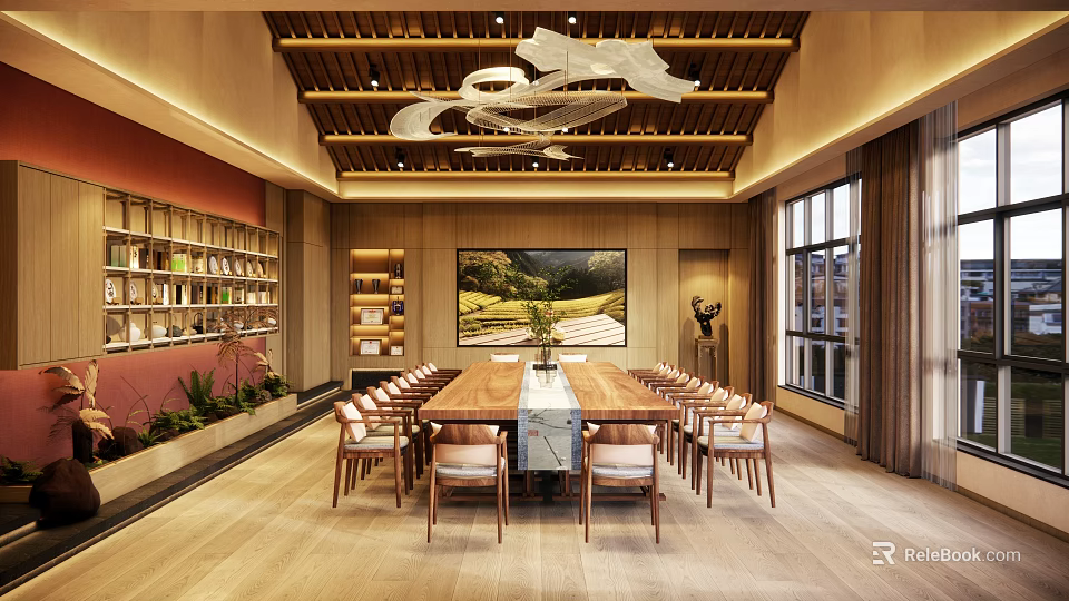 Modern Conference Room Interior With Long Wooden Table Comfortable Chairs And Artistic Pendant Lights 3d model 