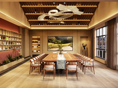 Modern Conference Room Interior With Long Wooden Table Comfortable Chairs And Artistic Pendant Lights 3d model