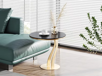 Golden Base Black Tabletop Side Table By Green Sofa With White Cup And Decorative Plant 3d model