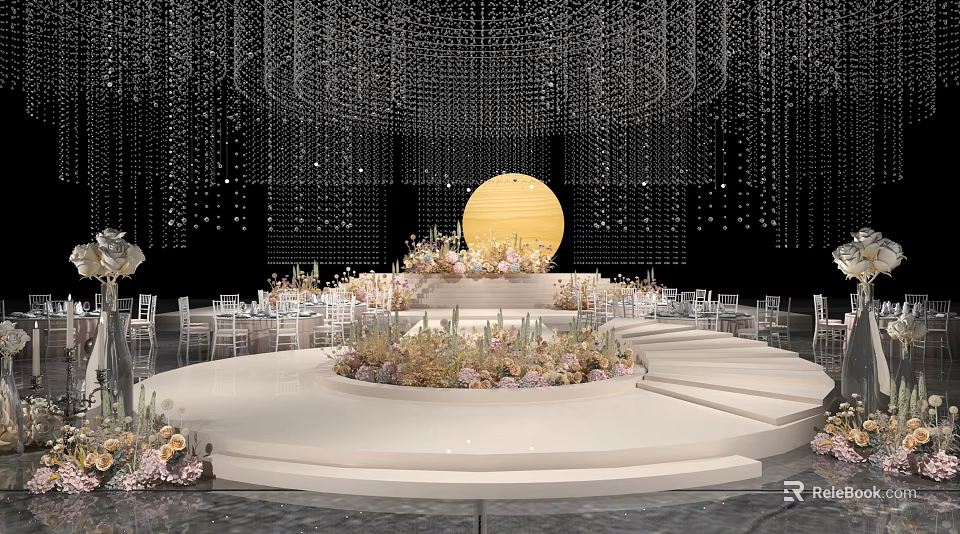 Elegant Banquet Hall With Circular Stage Flower Decorations String Lights Moon Decoration And White Chairs 3d model 
