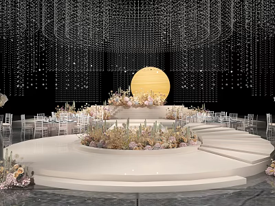 Elegant Banquet Hall With Circular Stage Flower Decorations String Lights Moon Decoration And White Chairs 3d model