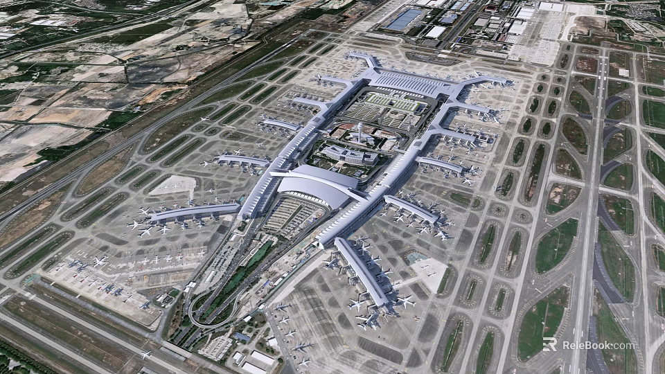 Aerial Planning of Modern Airport Terminal with Runways and Tarmacs Layout 3d model 