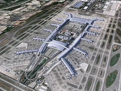 Aerial Planning of Modern Airport Terminal with Runways and Tarmacs Layout 3d model