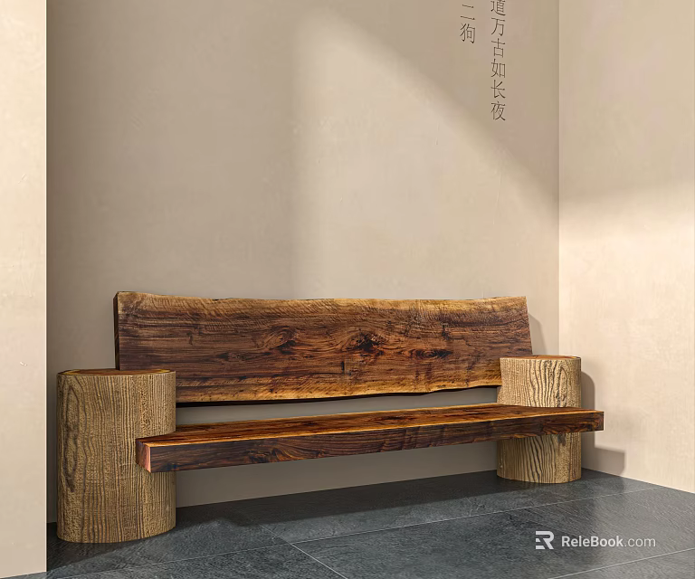 Outdoor Wooden Bench With Solid Wood Construction Cylindrical Legs Natural Rustic Style Garden Patio Design 3d model 