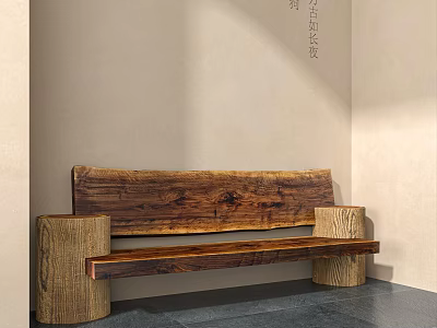 Outdoor Wooden Bench With Solid Wood Construction Cylindrical Legs Natural Rustic Style Garden Patio Design 3d model
