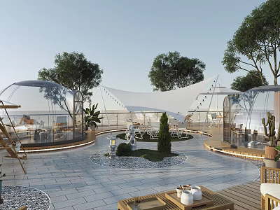 Rooftop Garden With Transparent Bubble Houses White Canopies And Greenery 3d model