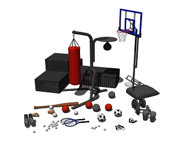 Diverse Sports Equipment Collection With Basketball Hoop Dumbbells Soccer Balls Tennis Rackets And Fitness Gear 3d model