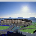 Modern Architectural Design With Curved Wooden Roof And Glass Walls In Snowy Landscape