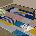Square Area Rug Featuring Geometric Patterns Blue Pink Yellow Gray Tones On Wooden Floor