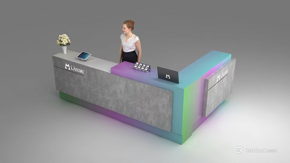 Modern Gradient Color Reception Desk With Flower Vase Tablet Laptop And Receptionist 3d model 