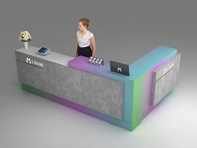 Modern Gradient Color Reception Desk With Flower Vase Tablet Laptop And Receptionist 3d model