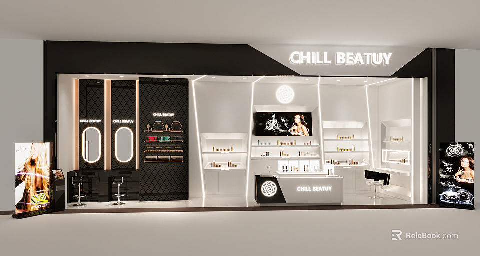 CHILL BEAUTY Beauty Store Interior With Display Shelves Mirrors And Product Counters 3d model 