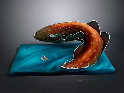 Orange Spotted Fish Shaped Creature With Blue Eyes Curved Body Blue Platform And Small Boat 3d model