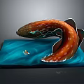 Orange Spotted Fish Shaped Creature With Blue Eyes Curved Body Blue Platform And Small Boat