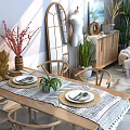 Natural Style Dining Table Set with Wooden Table Chairs Woven Placemats and Green Plants