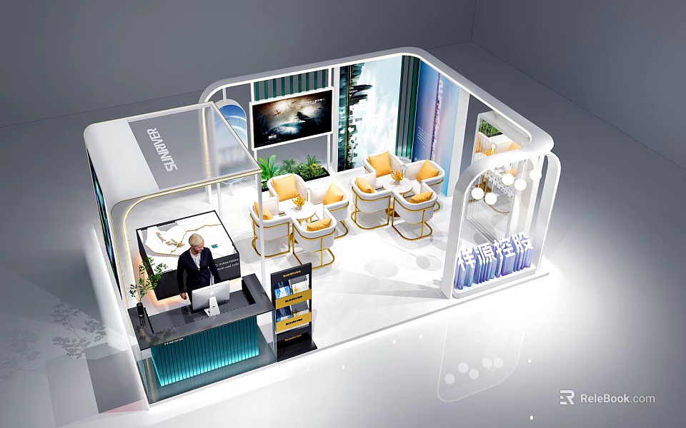 Modern Exhibition Booth With Open Design Digital Screens Seating Plants And Brand Logo 3d model 