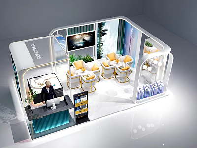 Modern Exhibition Booth With Open Design Digital Screens Seating Plants And Brand Logo 3d model