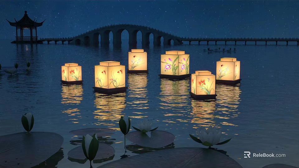 Outdoor Floating Lanterns on Water Surface with Floral Patterns Night Scene Bridge and Lotus Elements 3d model