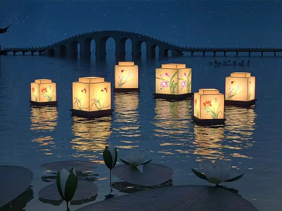 Outdoor Floating Lanterns on Water Surface with Floral Patterns Night Scene Bridge and Lotus Elements 3d model