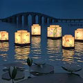 Outdoor Floating Lanterns on Water Surface with Floral Patterns Night Scene Bridge and Lotus Elements 3d model