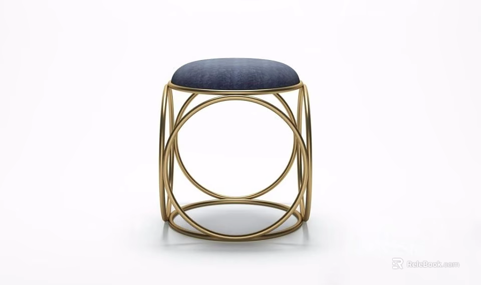 Modern Sofa Stool With Golden Metal Frame And Dark Blue Padded Seat 3d model 