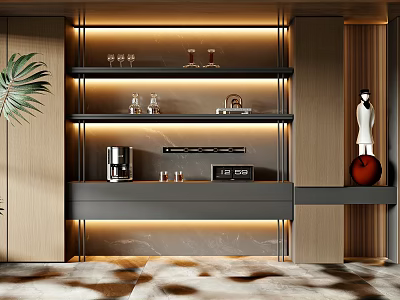 Modern Wooden Dining Sideboard with Ambient Lighting Metal Frame and Glassware 3d model