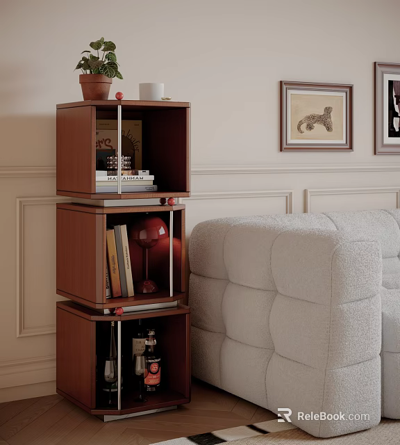 Three Tiered Wooden Decorative Cabinet With Books Red Lamp Potted Plant Sofa And Wall Frames 3d model 