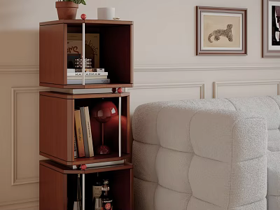 Three Tiered Wooden Decorative Cabinet With Books Red Lamp Potted Plant Sofa And Wall Frames 3d model